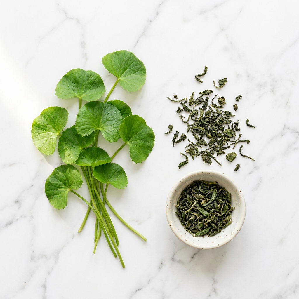 A minimalist flatlay of fresh green gotu kola and green tea leaves