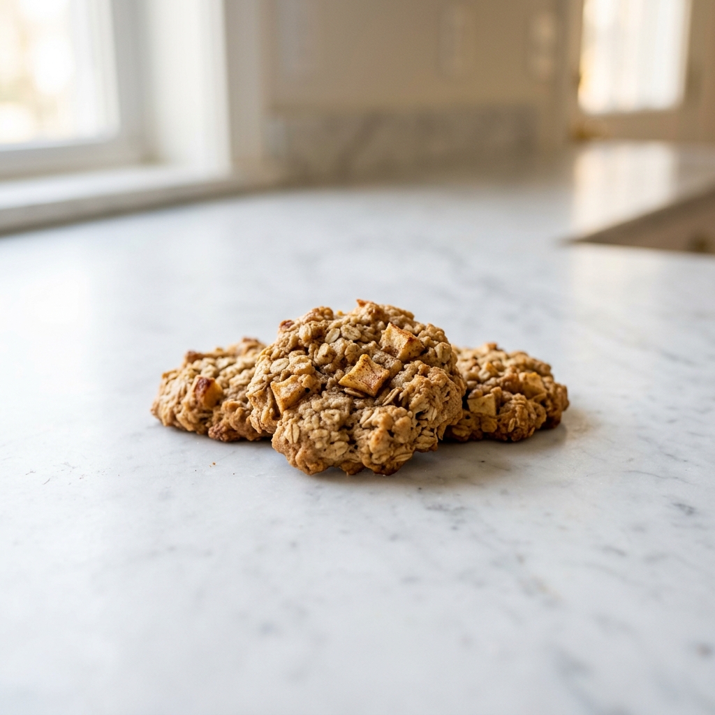 Freshly baked apple cinnamon oatmeal cookies on a marble counter.