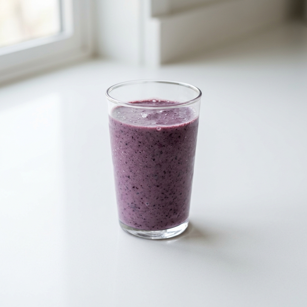 A simple purple banana blueberry smoothie in an ordinary clear glass.