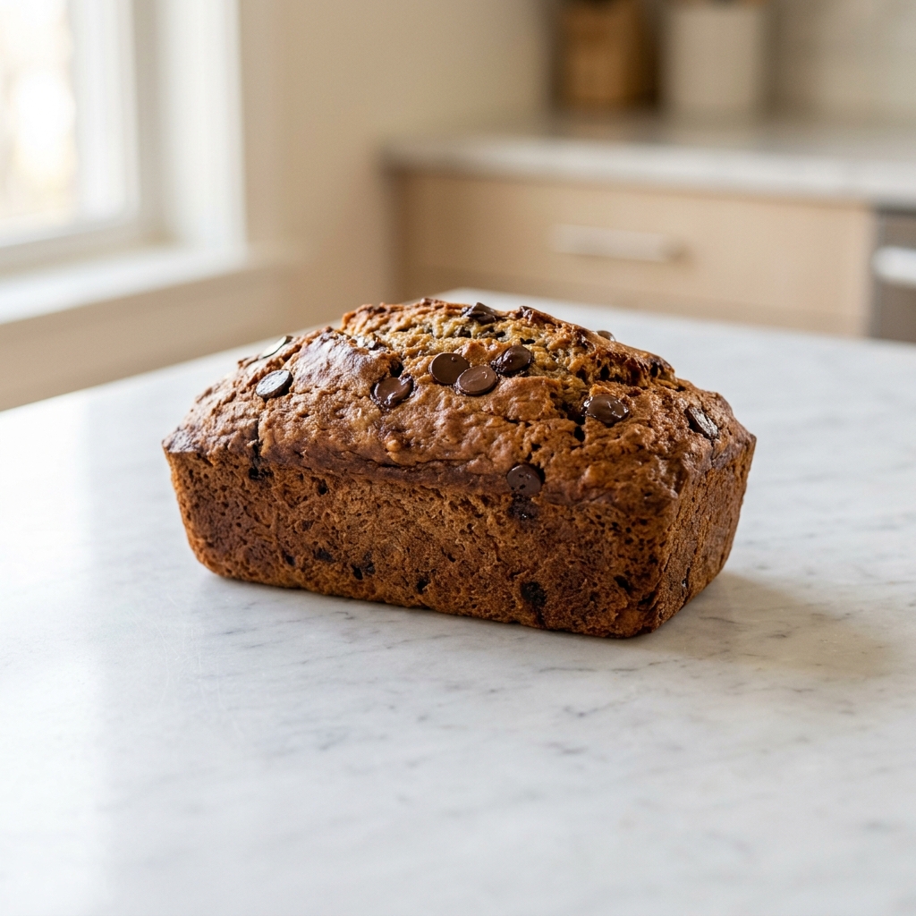A golden brown loaf of brown butter banana bread on a marble counter.