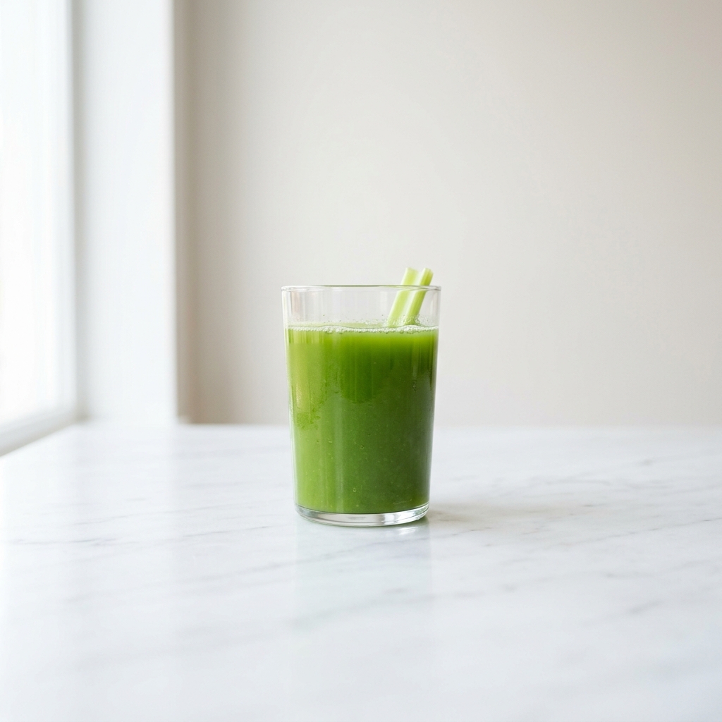 A single clear glass of celery juice on a pure white marble table
