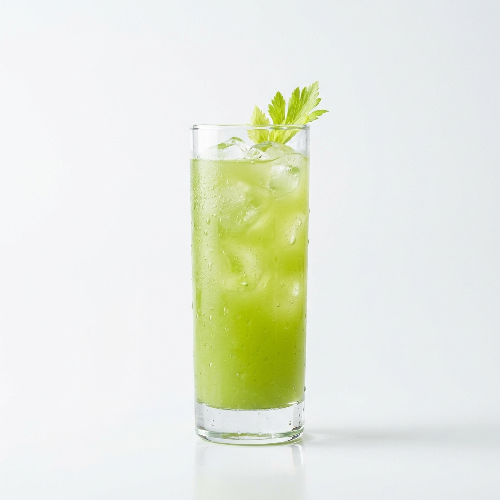 A tall glass of pale green celery juice over ice