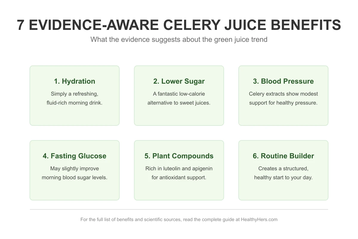 Infographic detailing 7 evidence-aware benefits of celery juice including hydration and blood pressure support