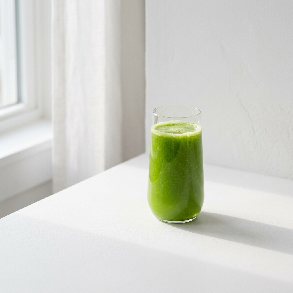A single glass of vibrant green celery juice casting a soft morning shadow on a pristine white surface