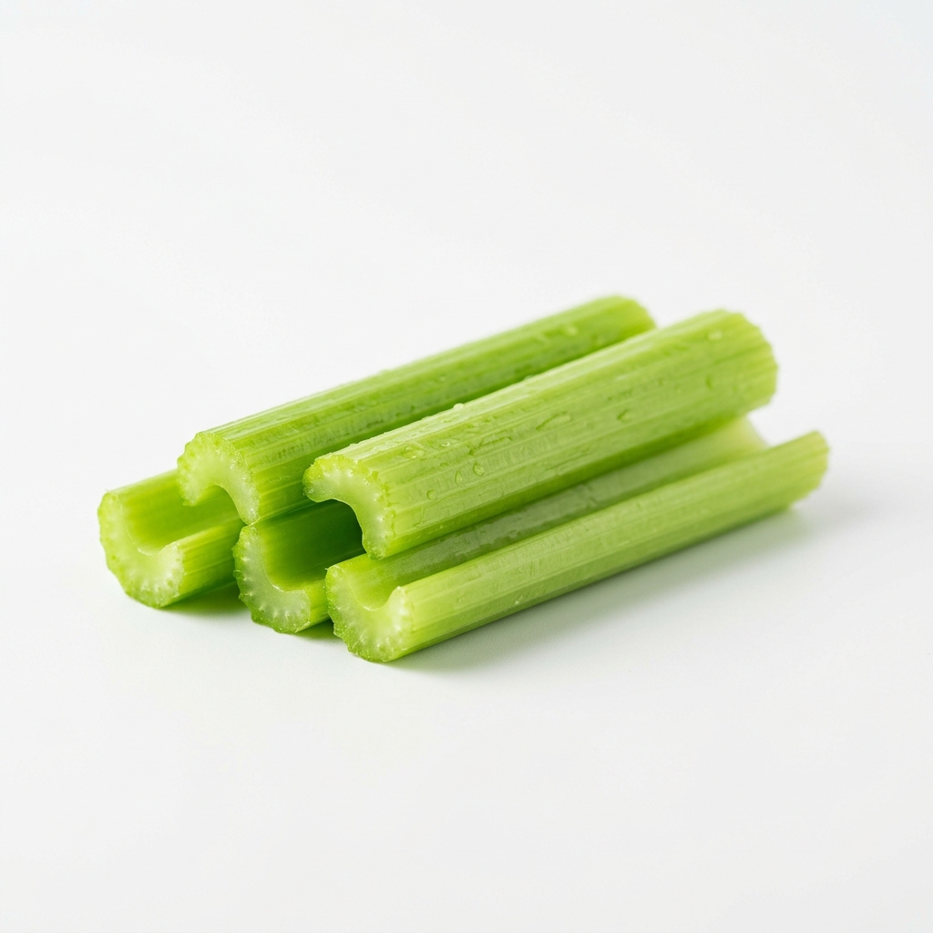 Crisp, bright green organic celery stalks on a clean white background