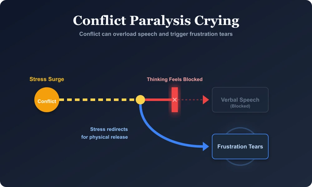 Conflict paralysis crying flowchart showing how a stress surge can make speech feel blocked and lead to frustration tears