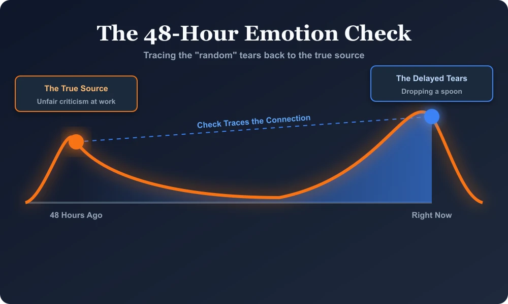 The 48-Hour Emotion Check timeline showing how suppressed frustration from unfair criticism leads to delayed tears days later