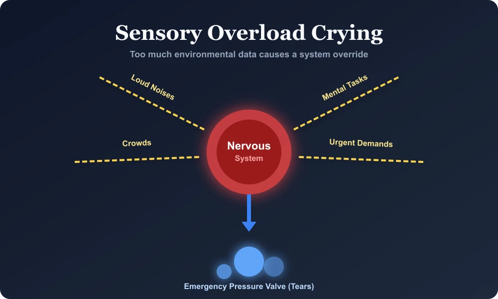 Diagram illustrating sensory overload crying where the nervous system is overwhelmed by loud noises, mental tasks, crowds, and urgent demands