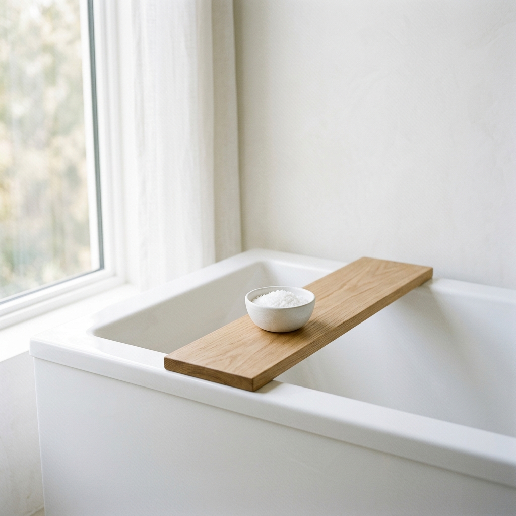 High-end minimalist editorial photo of the edge of a clean white porcelain bathtub