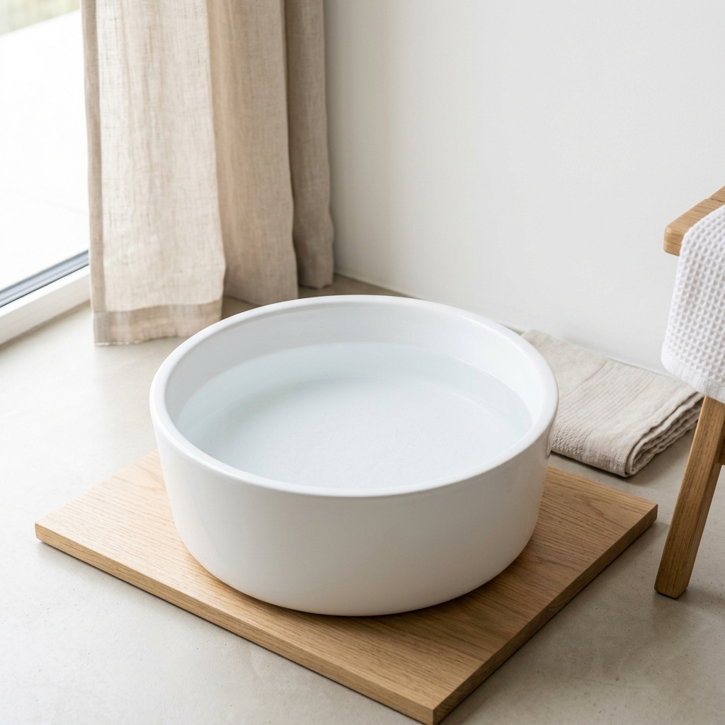 Premium minimalist aesthetic of a pristine white foot basin filled with crystal clear warm water