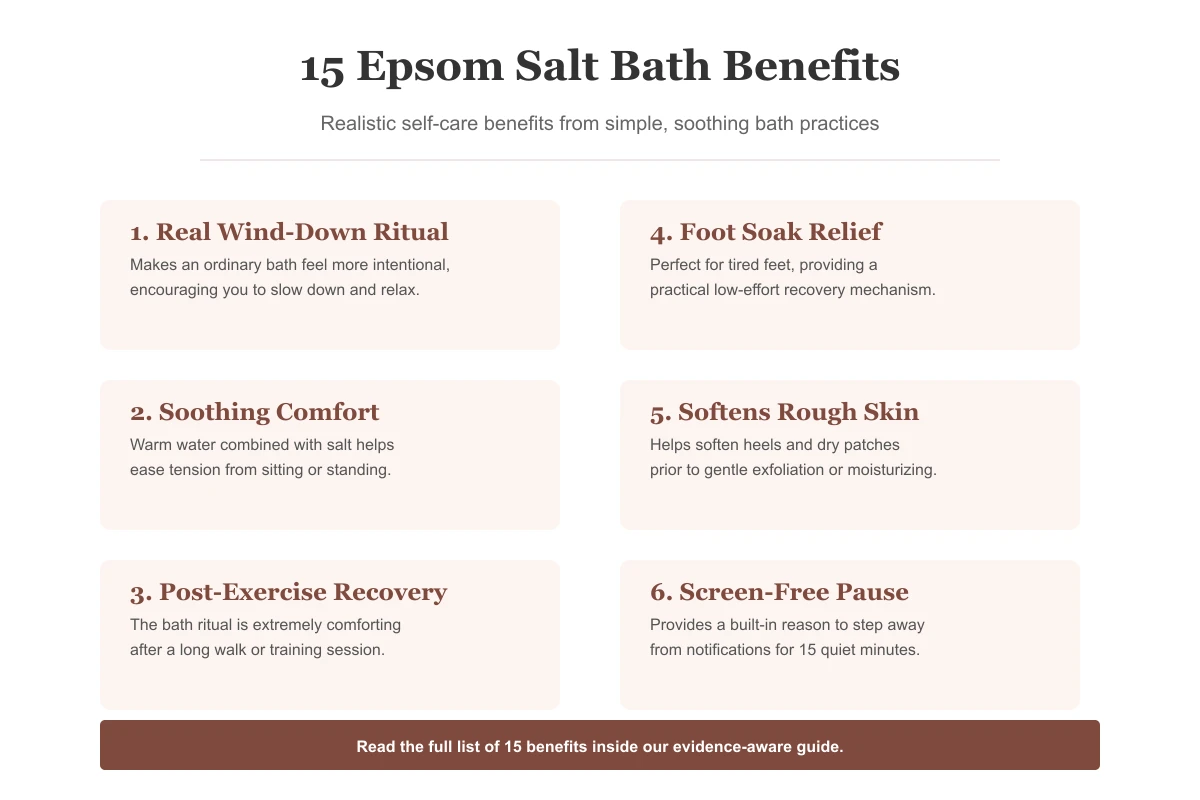 Infographic detailing 15 realistic benefits of epsom salt baths