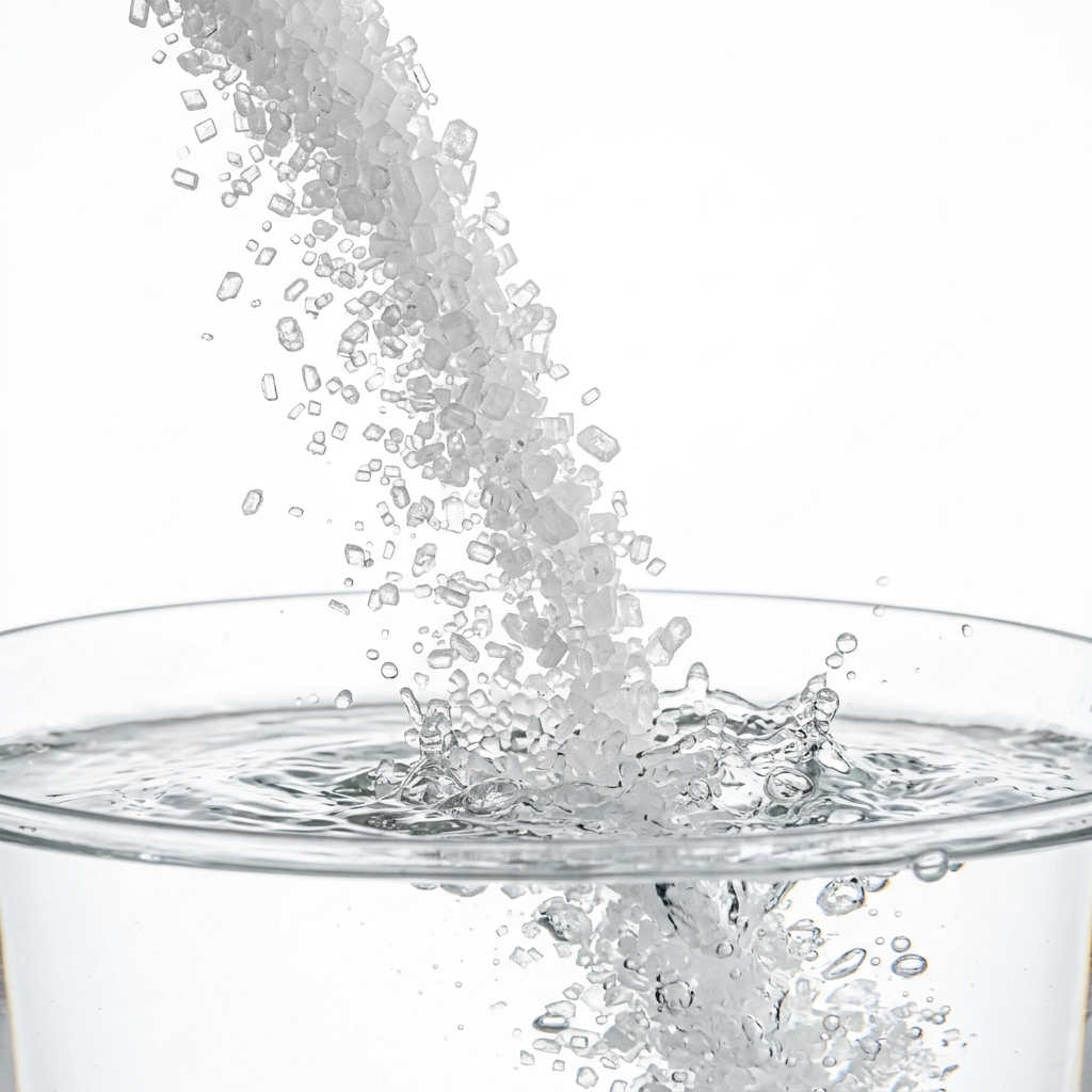 Ultra minimalist high-speed macro photography of white Epsom salt crystals gently pouring into clear warm water