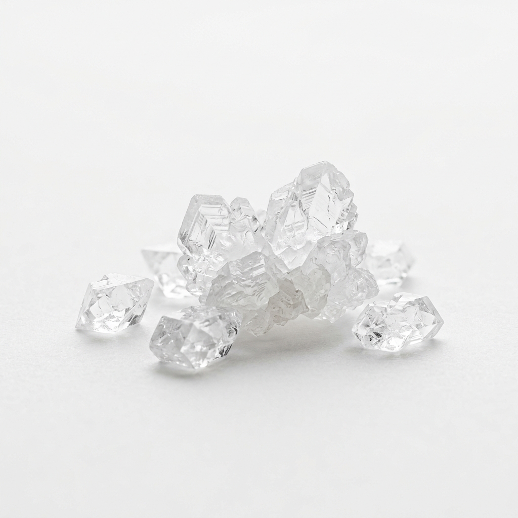 Ultra premium macro photography of pure white Epsom salt crystals on a stark white background