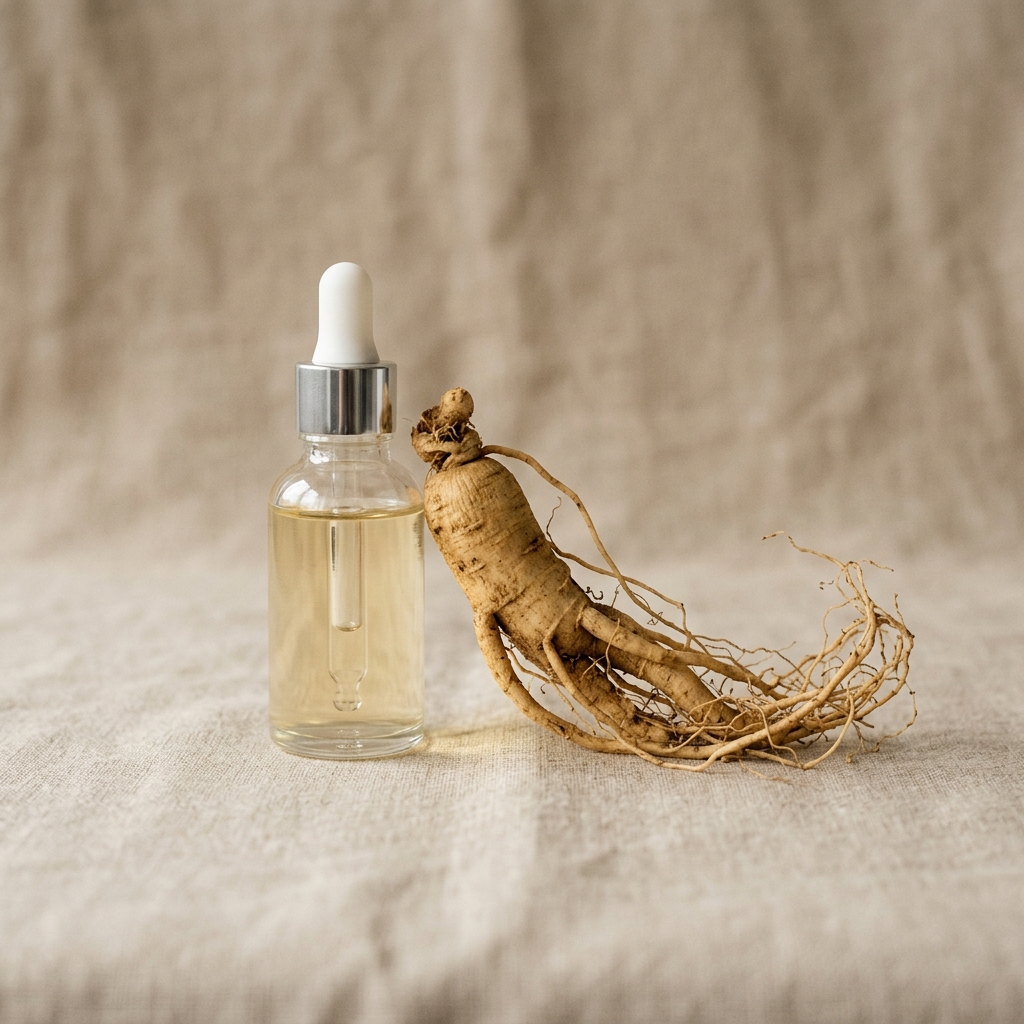 Panax ginseng root beside a clear cosmetic dropper bottle