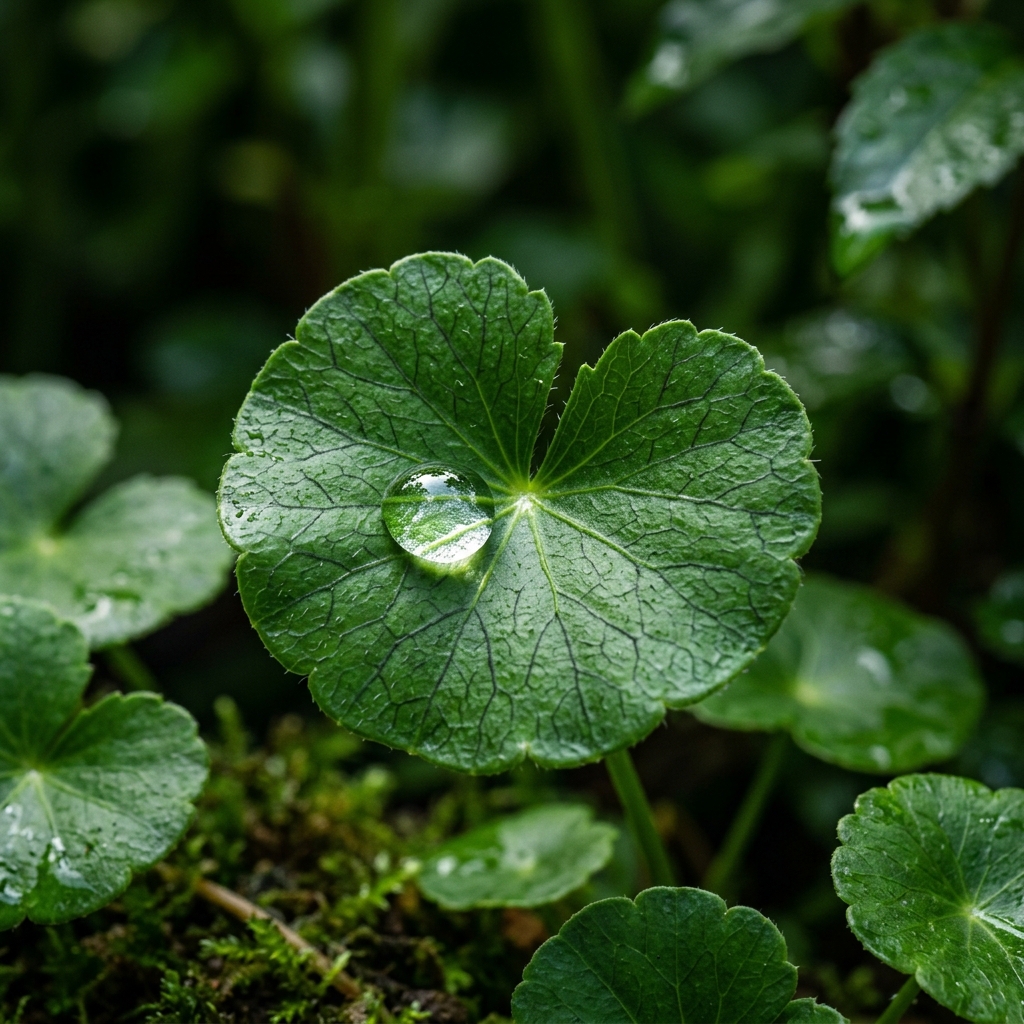 Fresh Centella asiatica leaves with a water droplet