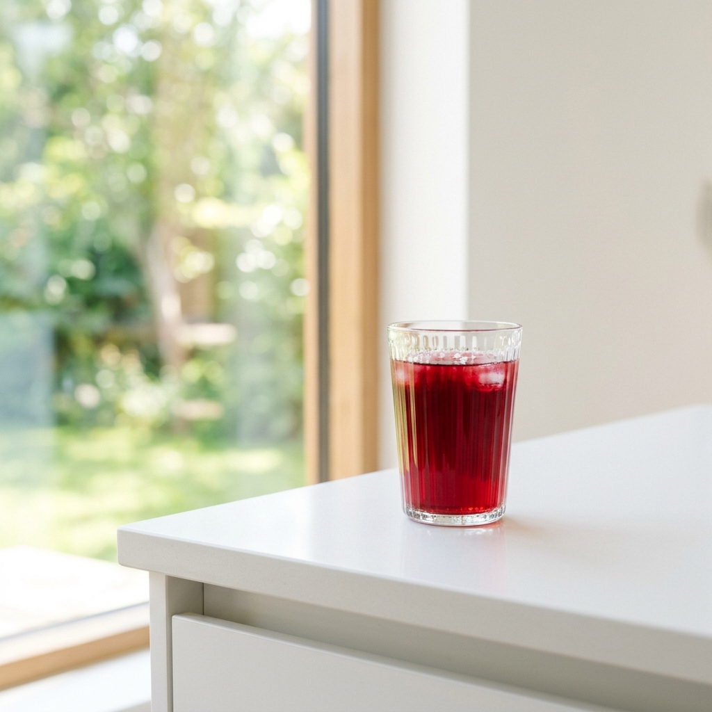 High-end minimalist editorial photo of a crystal clear glass filled with deep ruby-red hibiscus tea