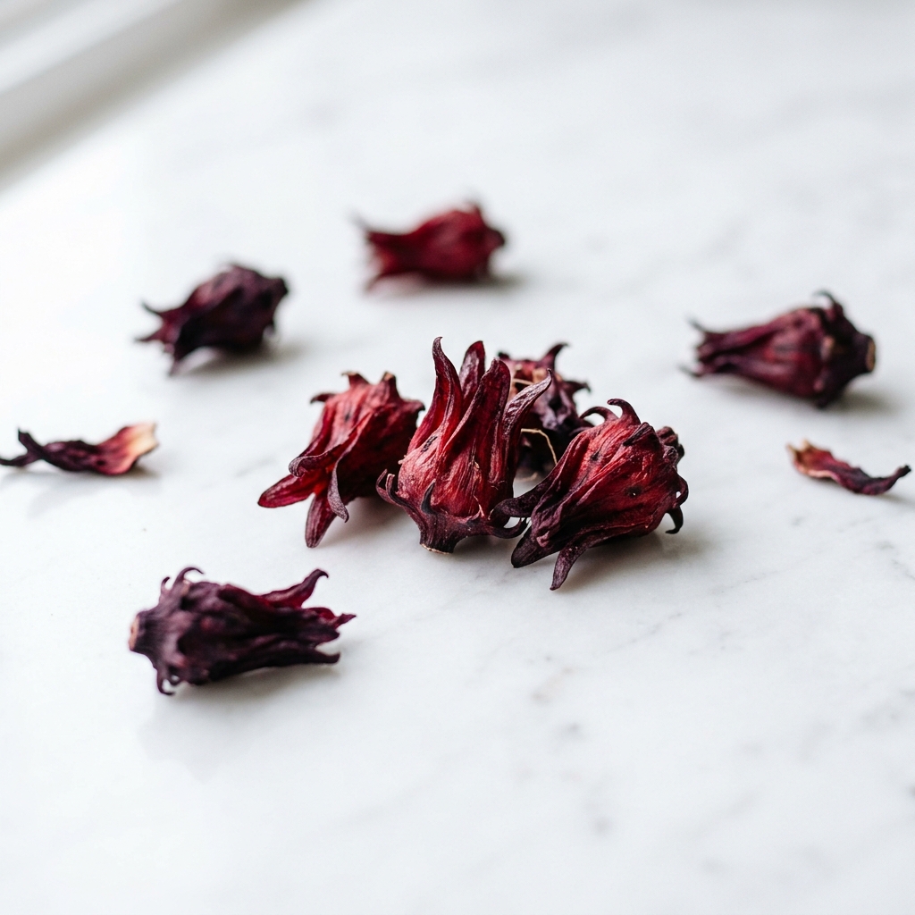 Ultra premium macro photography of dried deep red hibiscus sabdariffa calyxes scattered on a white surface
