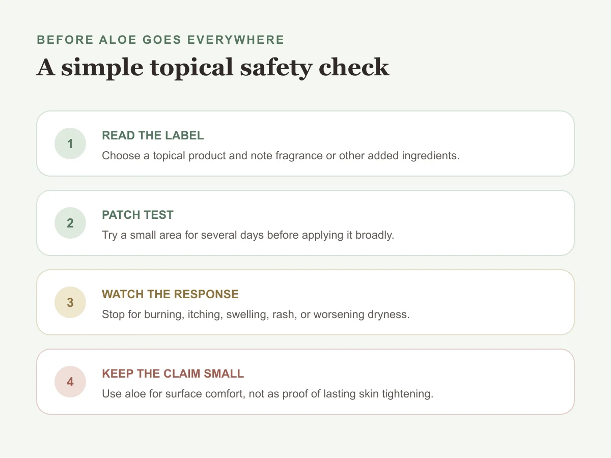 Checklist for patch testing and using topical aloe vera gel more safely