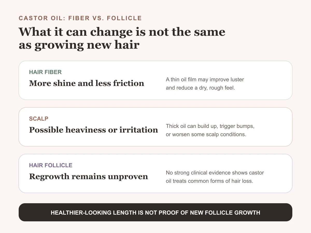 Guide showing that castor oil may change hair shine and friction but has unproven effects on follicle regrowth