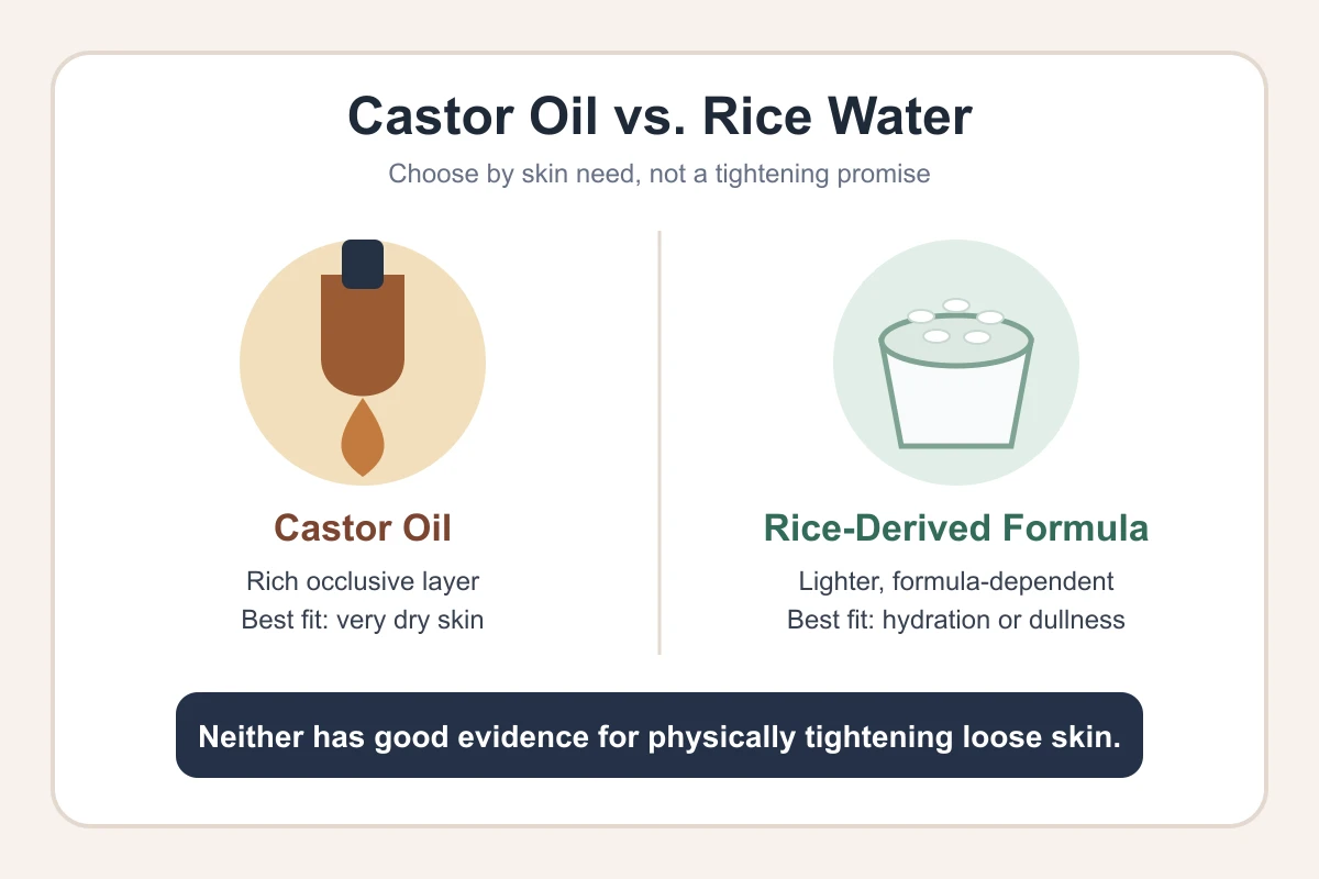 Comparison of castor oil and rice water for skin, showing their realistic uses and limits
