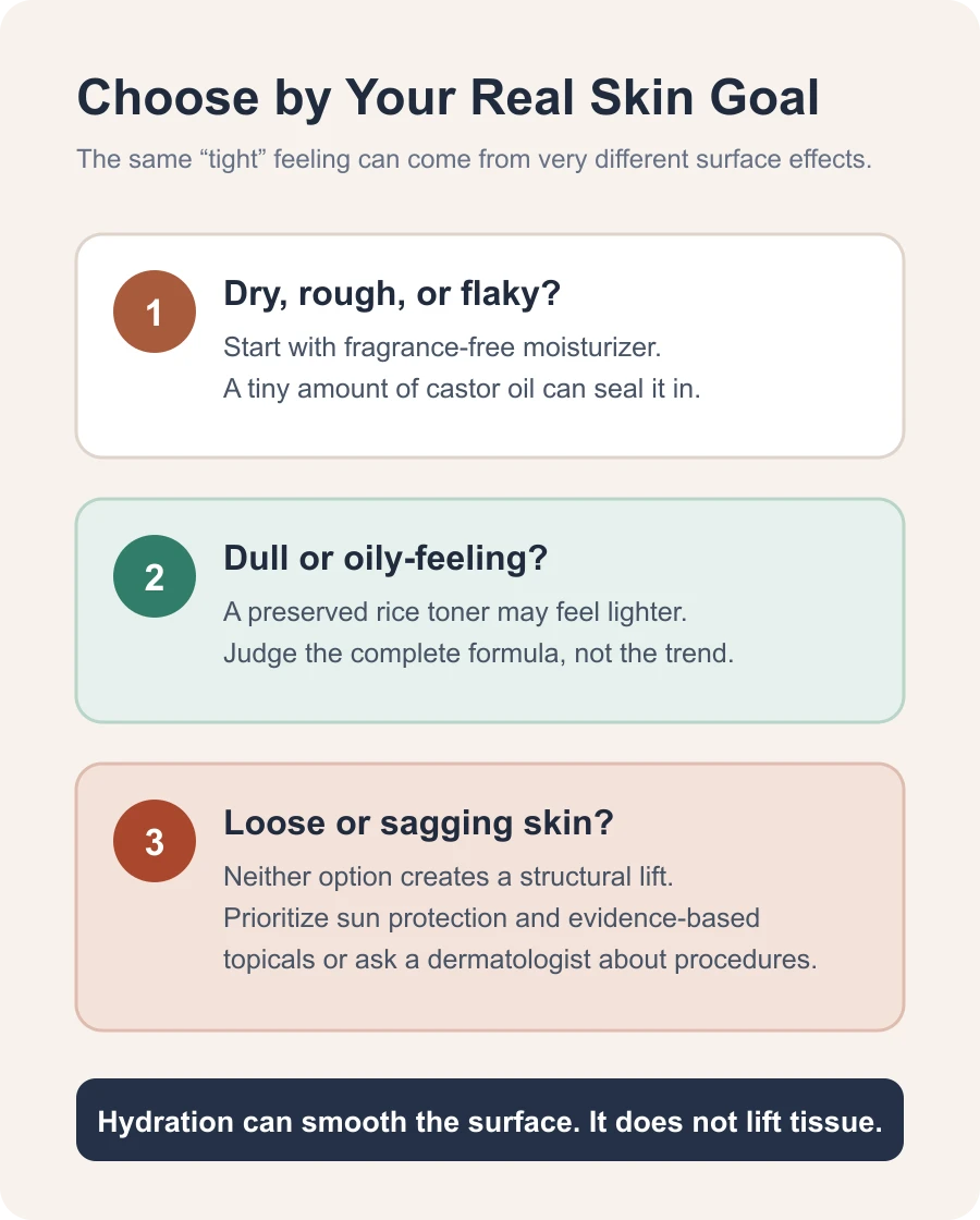 Decision guide for choosing castor oil, a rice-derived formula, or a proven skin-firming approach