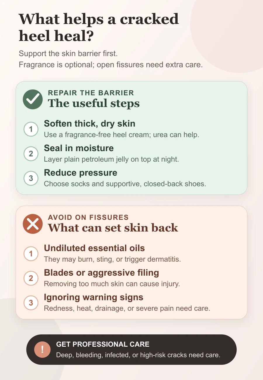 Decision map showing barrier repair steps, products to avoid on heel fissures, and warning signs that need care