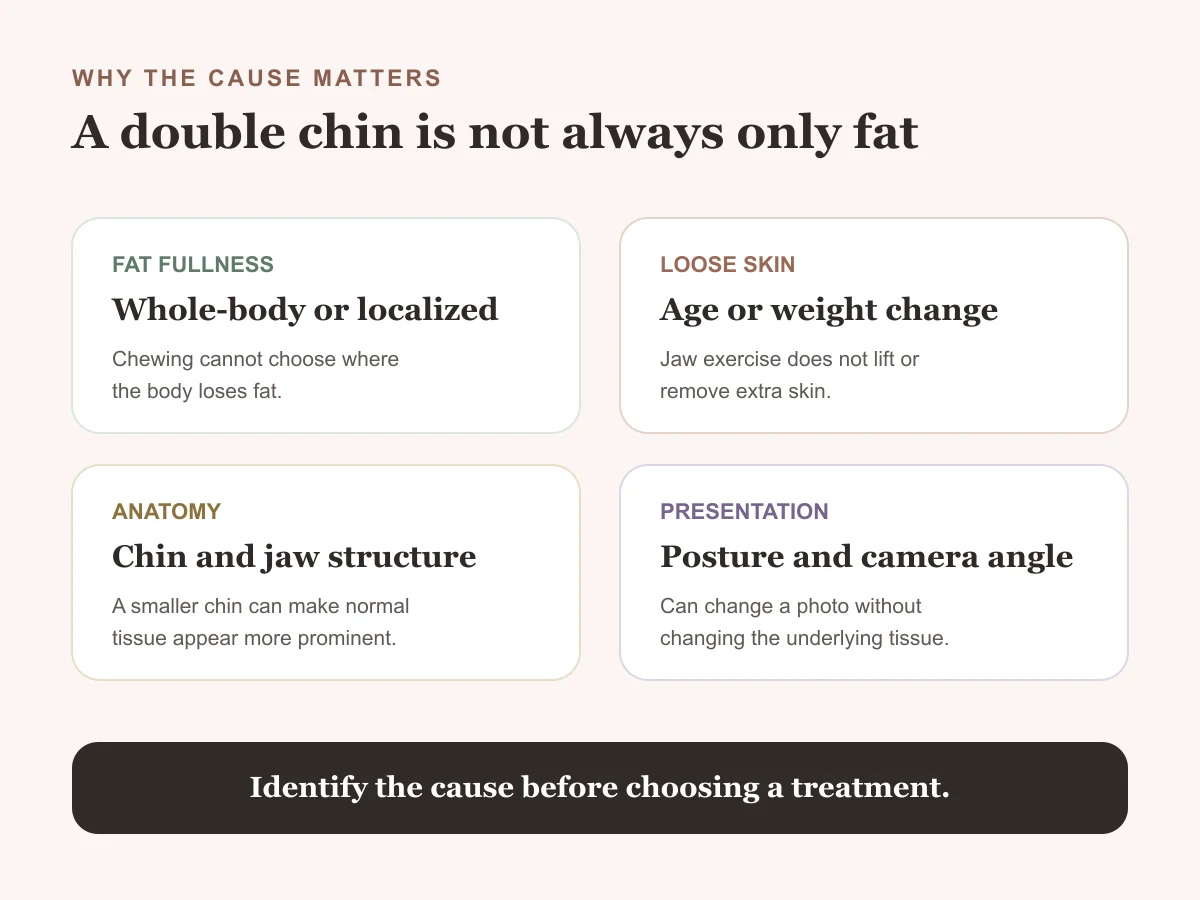 Guide showing the different tissues and factors that can contribute to a double chin