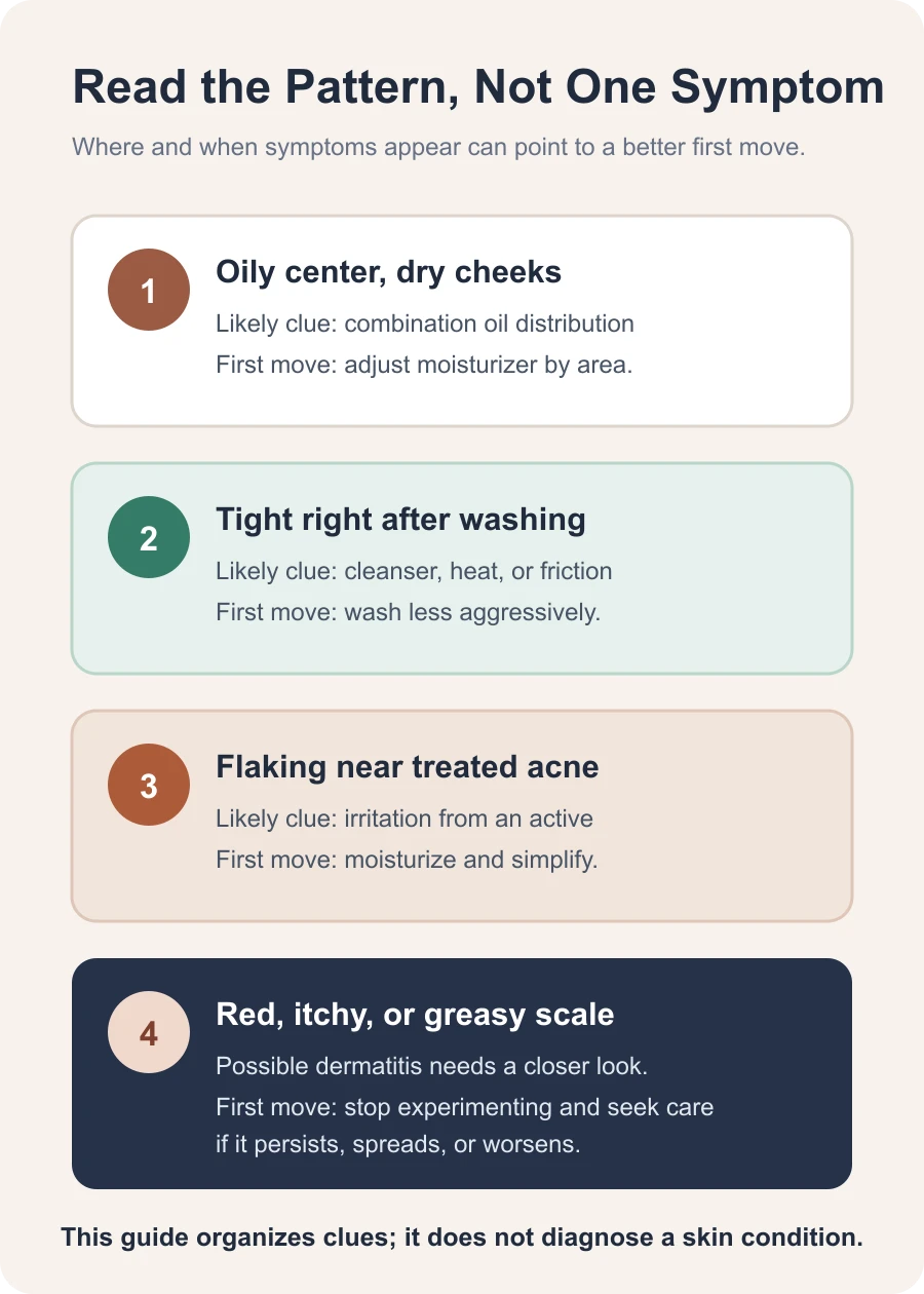 Educational guide matching common dry-and-oily skin patterns with sensible first steps