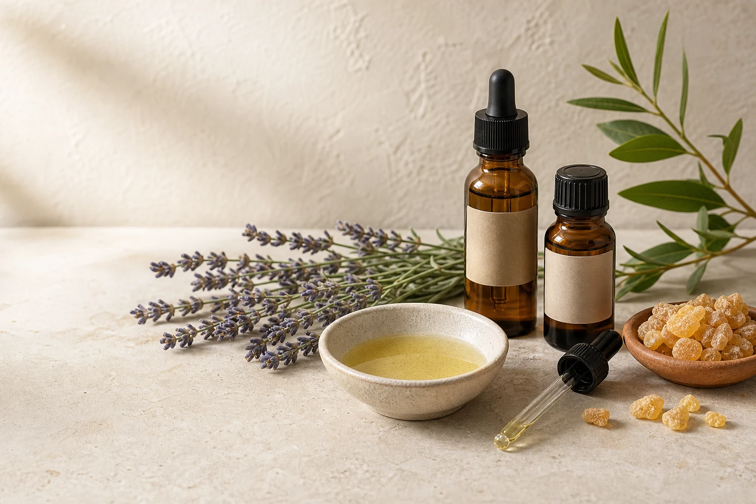Amber essential oil bottles, lavender, frankincense resin, and carrier oil on a warm stone surface