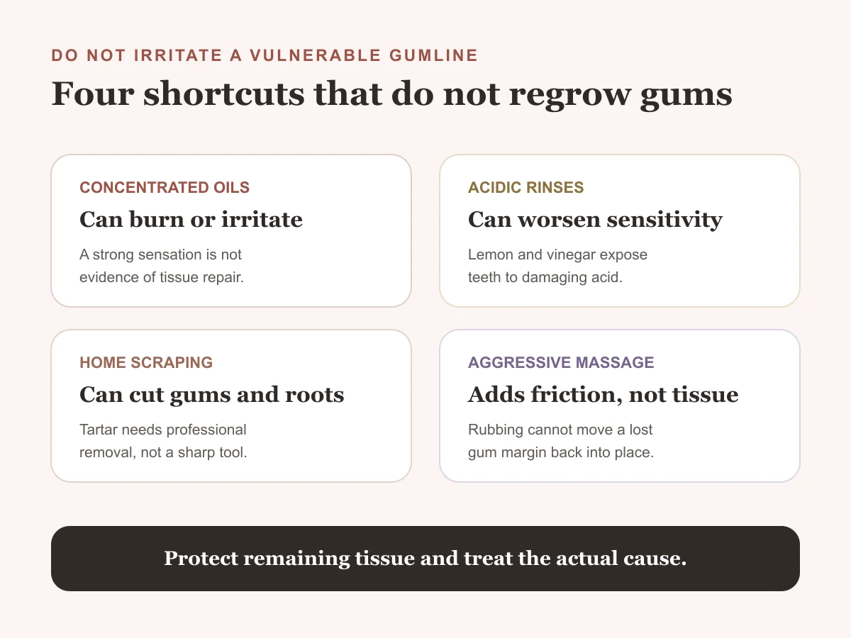 Guide to home remedies that do not regrow receding gums and may irritate teeth or tissue