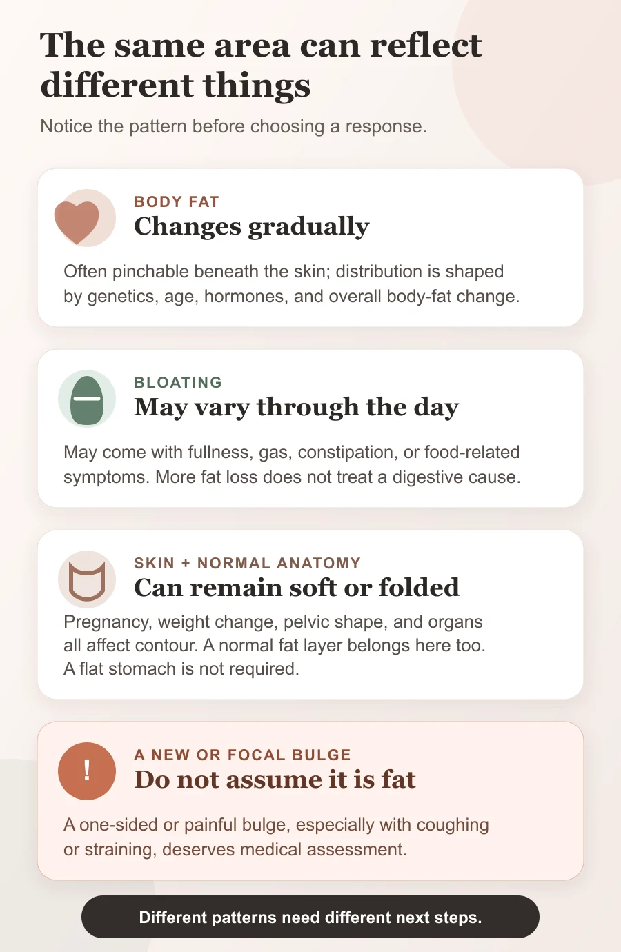 Guide comparing body fat, bloating, loose skin and normal anatomy, and a new focal abdominal bulge