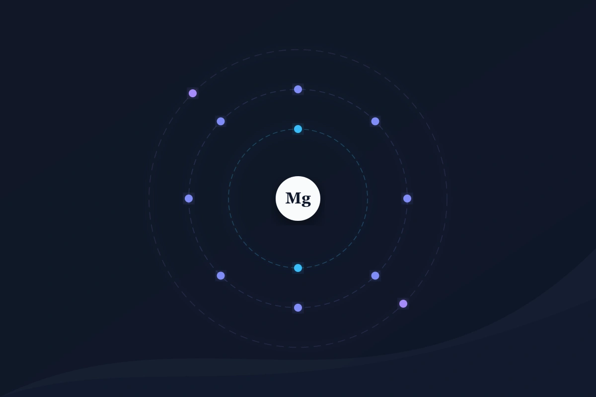 A sleek, minimalist digital representation of a glowing magnesium atom on a dark background