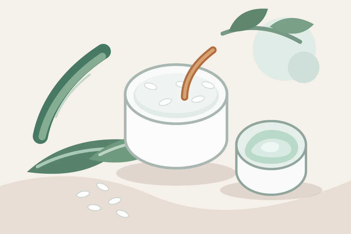 Editorial illustration of a bowl of rice water, rice grains, fresh aloe leaves, and aloe gel