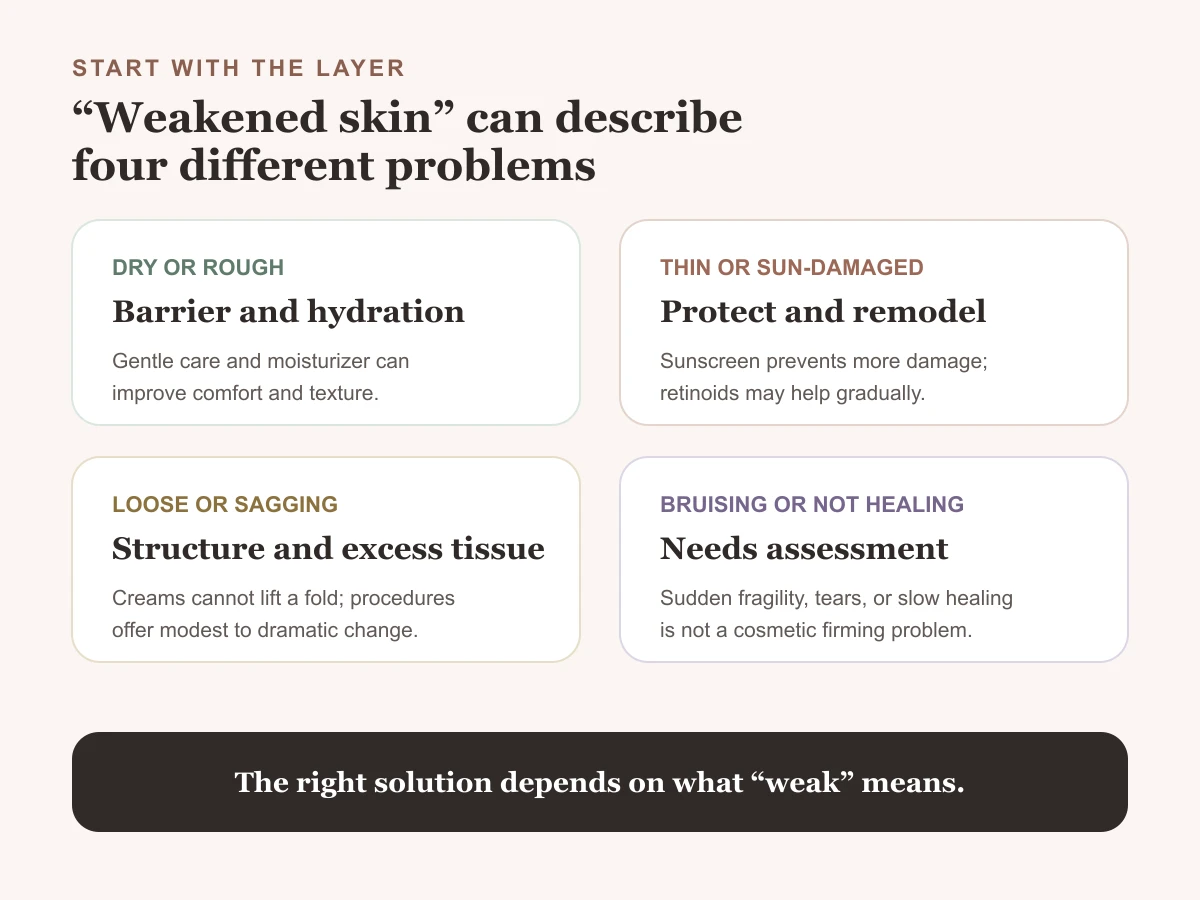 Guide separating dry skin barrier damage, thin sun-damaged skin, loose skin, and medically concerning fragility