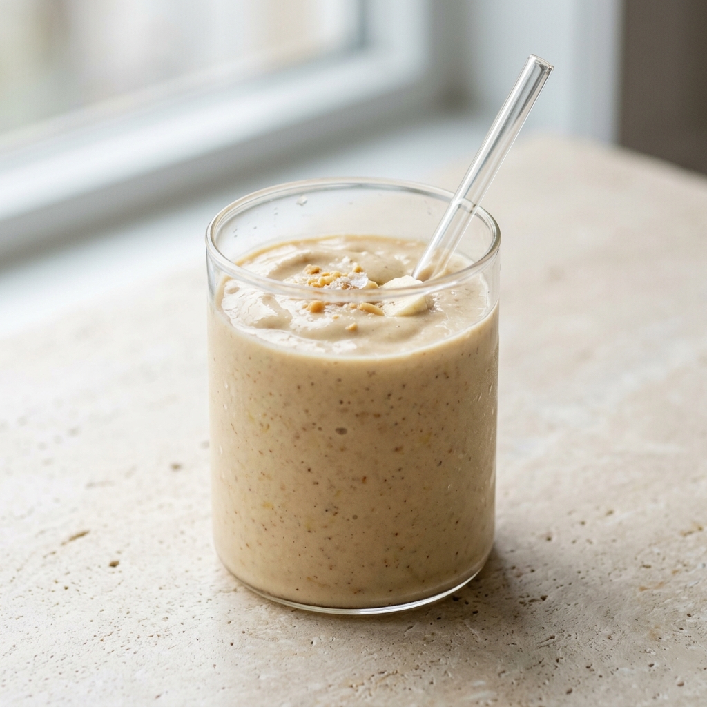 A thick, creamy banana peanut butter smoothie in a clear glass.