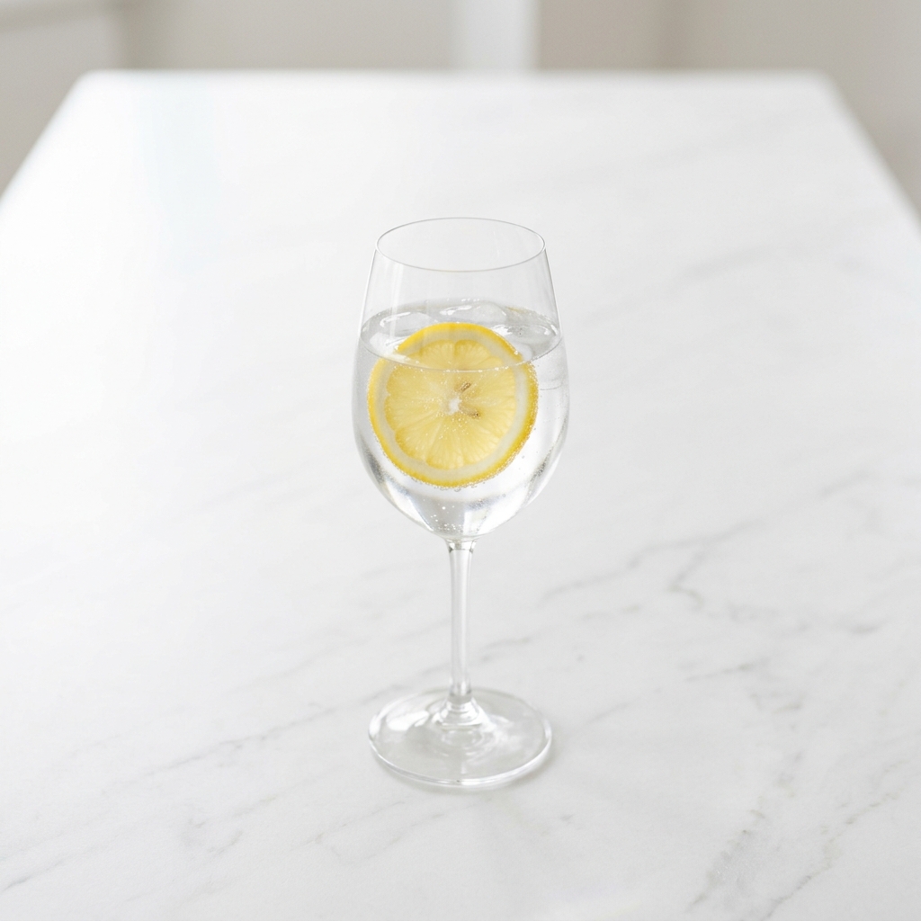 Premium minimalist morning aesthetic with a glass of lemon water on a wooden table