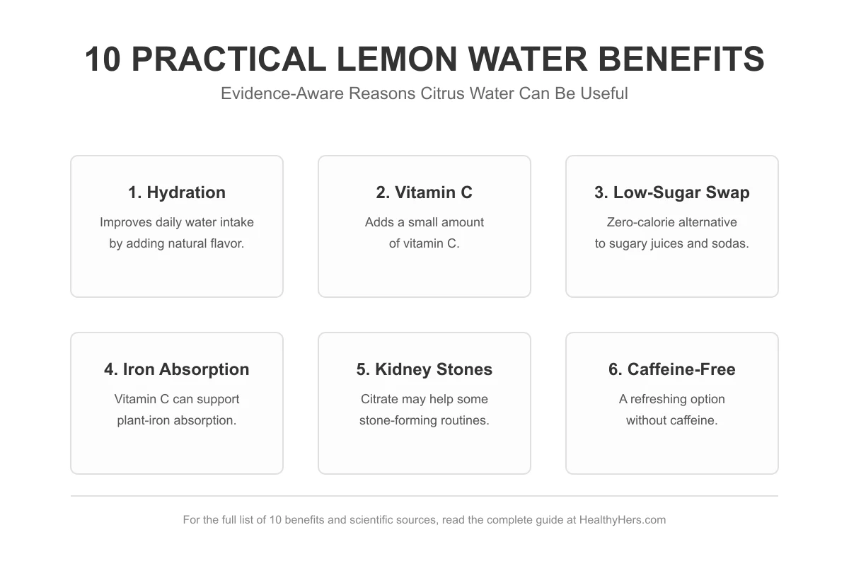 Infographic detailing 10 practical benefits of lemon water including hydration, vitamin C, and drink swaps