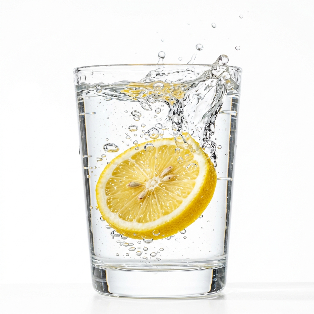 Ultra high quality macro shot of crystal clear lemon water with fresh citrus slices