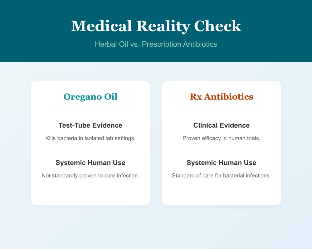 Comparison graphic between oregano oil and prescription antibiotics