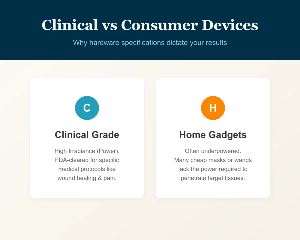 Graphic comparing clinical grade red light machines vs cheap home gadgets