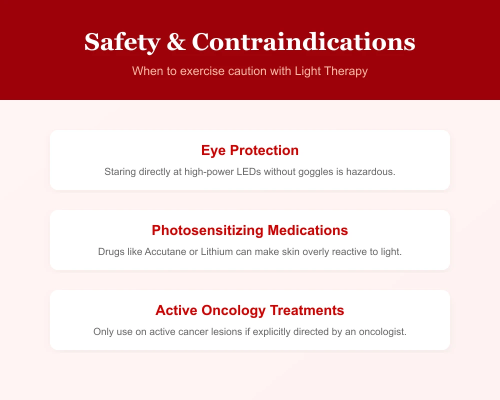 Graphic detailing who should avoid or be careful with red light therapy